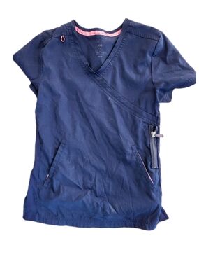 koi Navy Short-Sleeve Wrap Scrub Top with Pink Trim